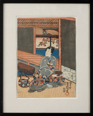 Lot 131 - UTAGAWA KUNISADA (1786-1865) Farbholzschnitt Szene aus "Rustic Genji"