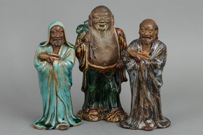3 chinesische Keramikfiguren "Shouxing" und "Bodhidharma"