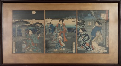 Lot 134 - Japanisches Farbholzschnitt Triptychon von TSUKIOKA YOSHITOSHI (1839-1892)